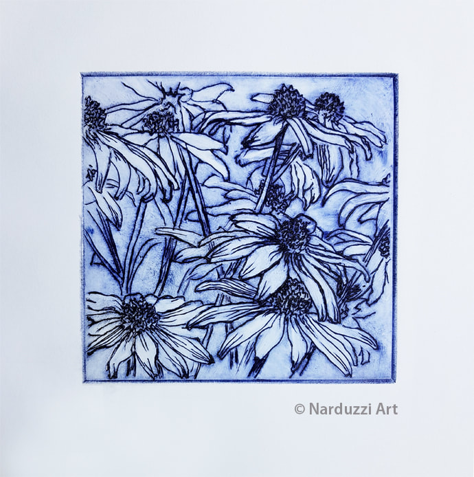 Daisies - mixed blue ink on cotton paper - AP