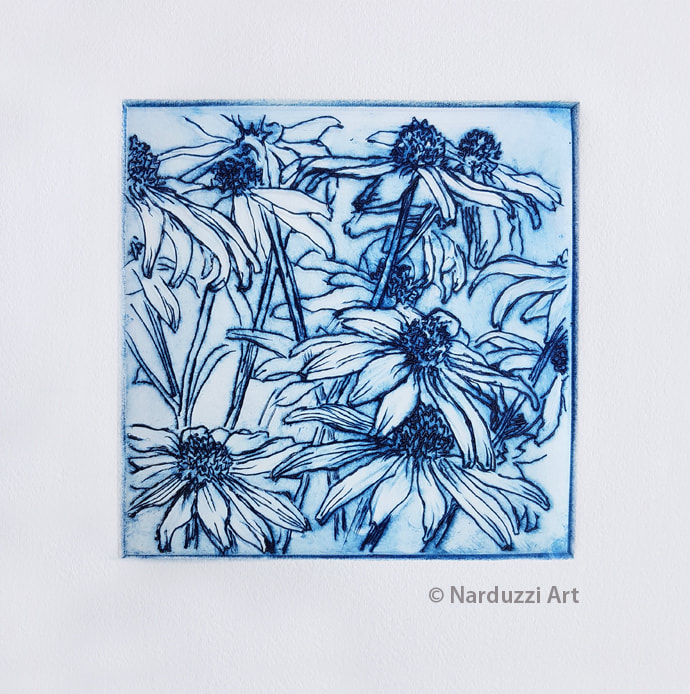 Daisies - mixed blue & green inks on cotton paper - AP