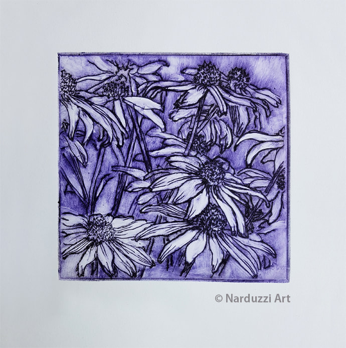 Daisies - mixed purple ink on cotton paper - AP