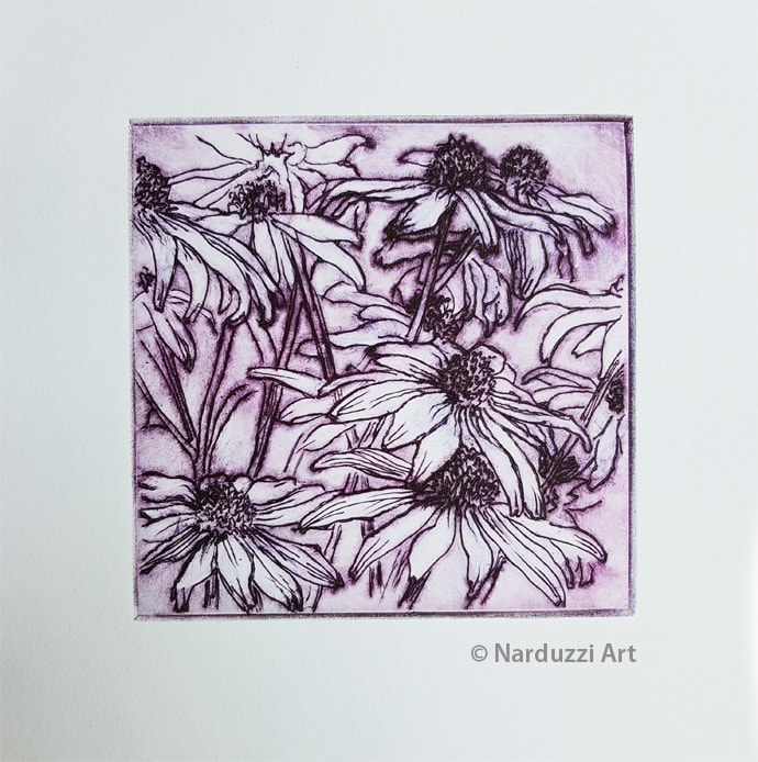 Daisies - mixed violet ink on cotton paper - AP